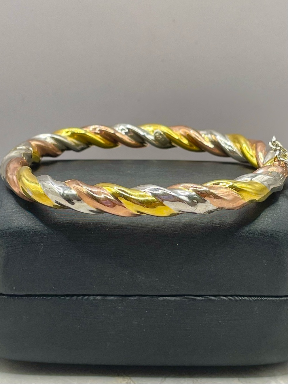 Tri-Tone Twisted Bangle Bracelet - Yellow, Silver & Rose